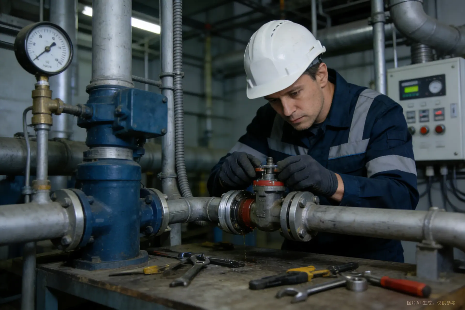 工程师在对阀门泄漏进行排查