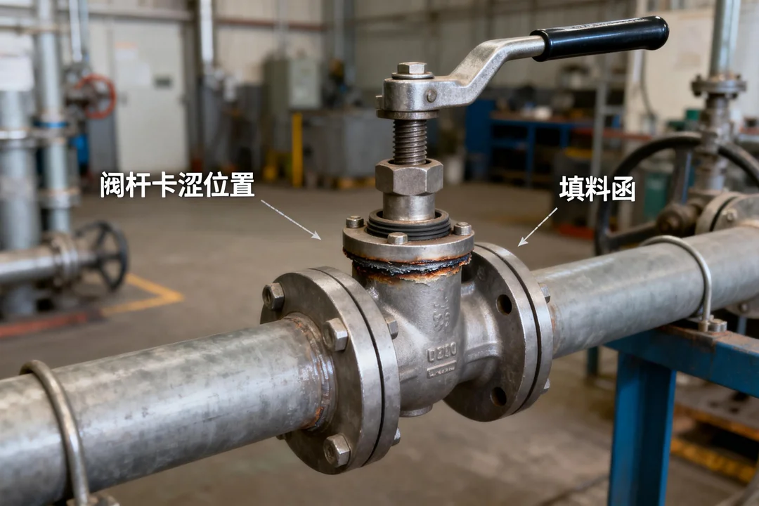 工业阀门阀杆卡涩现场状态示意，阀杆表面腐蚀与动作阻滞问题